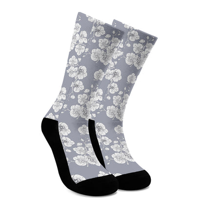 Drawing Orchid Pattern Print Crew Socks