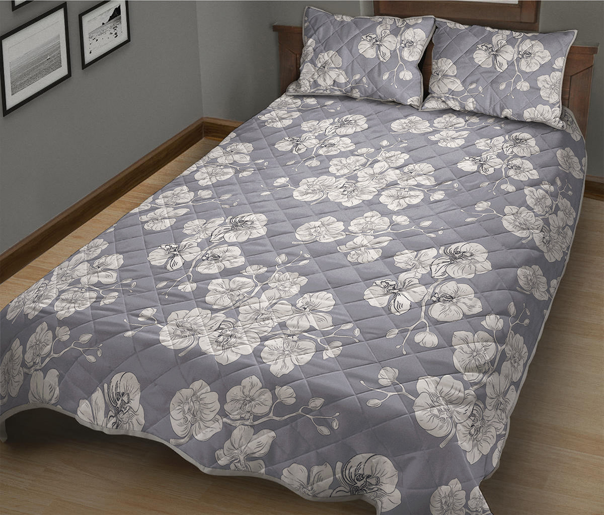Drawing Orchid Pattern Print Quilt Bed Set