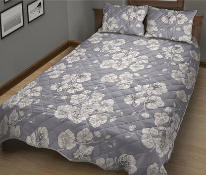 Drawing Orchid Pattern Print Quilt Bed Set