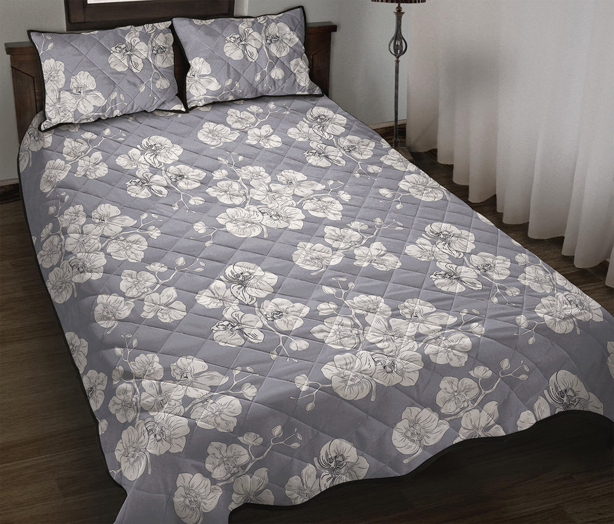 Drawing Orchid Pattern Print Quilt Bed Set
