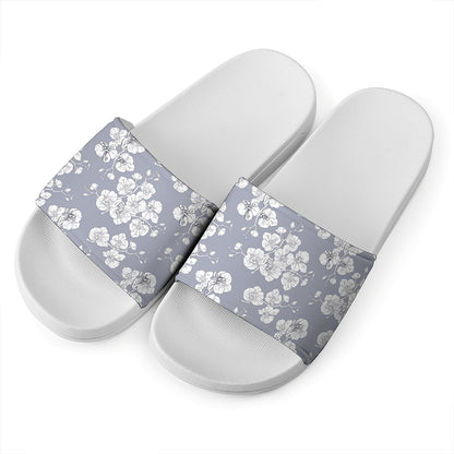 Drawing Orchid Pattern Print White Slide Sandals