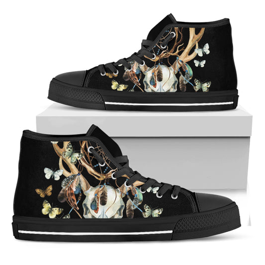 Dreamcatcher Deer Skull Print Black High Top Shoes
