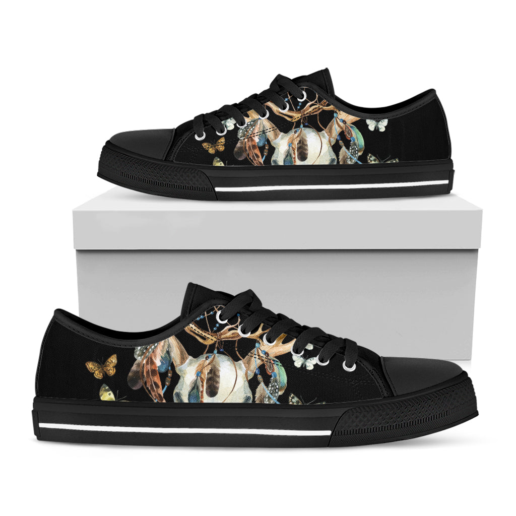 Dreamcatcher Deer Skull Print Black Low Top Shoes 