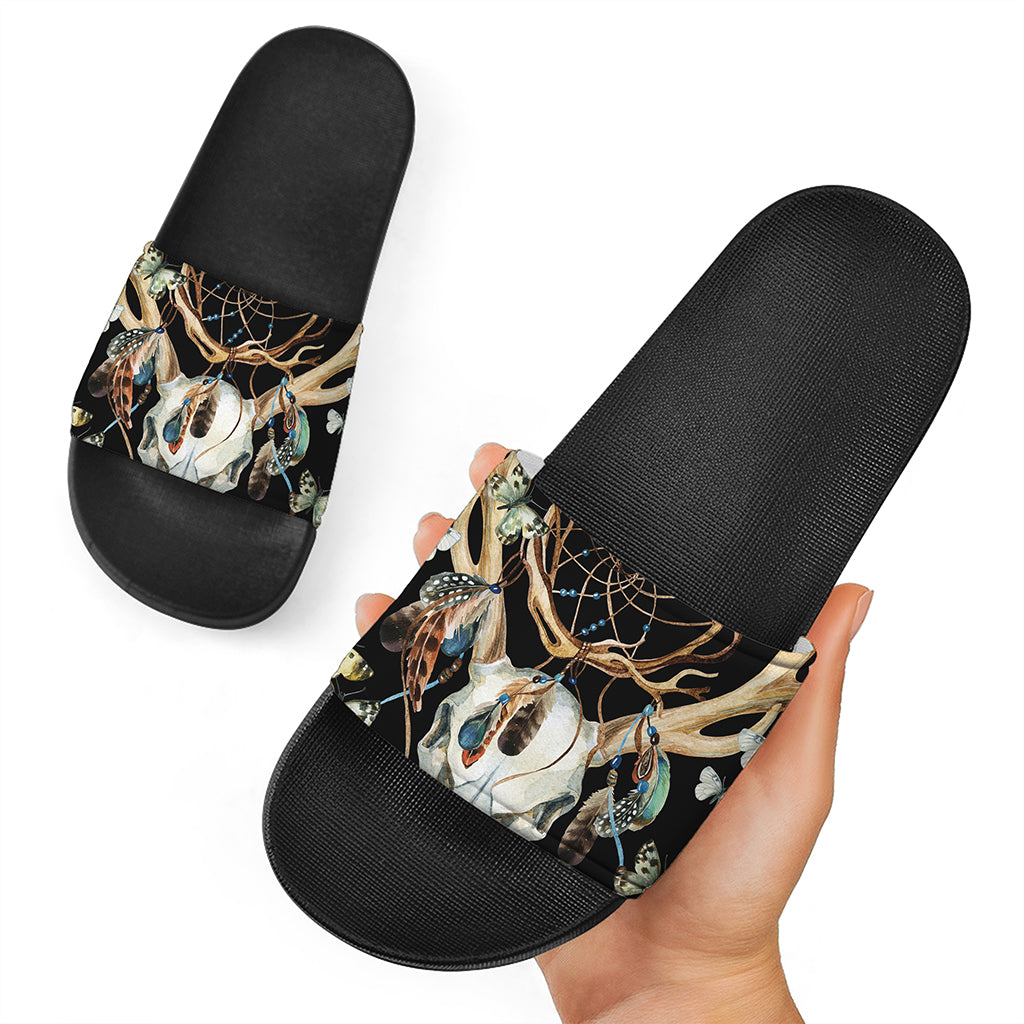 Dreamcatcher Deer Skull Print Black Slide Sandals