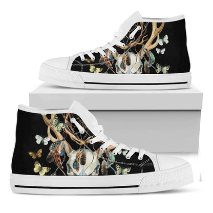 Dreamcatcher Deer Skull Print White High Top Shoes