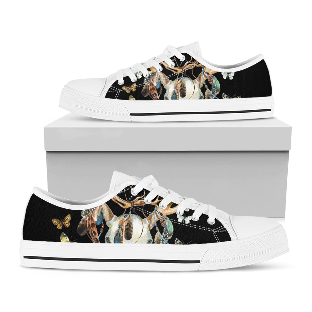 Dreamcatcher Deer Skull Print White Low Top Shoes