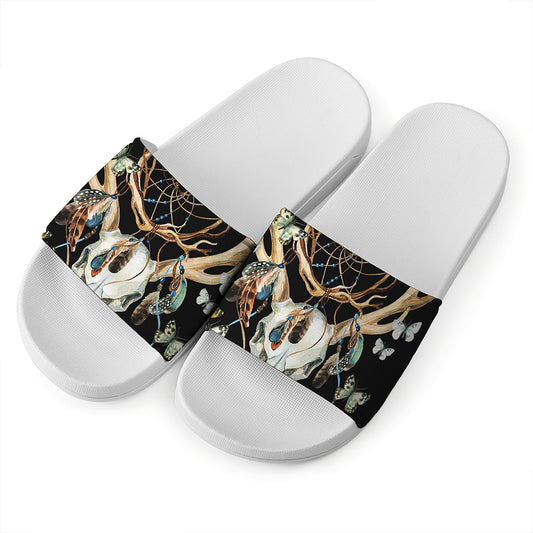 Dreamcatcher Deer Skull Print White Slide Sandals