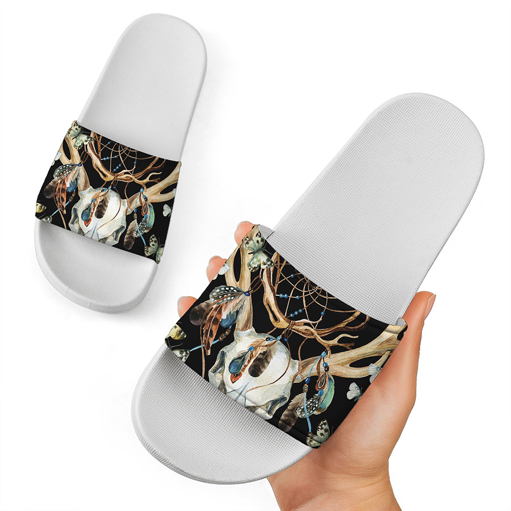 Dreamcatcher Deer Skull Print White Slide Sandals