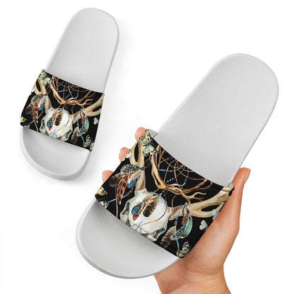 Dreamcatcher Deer Skull Print White Slide Sandals