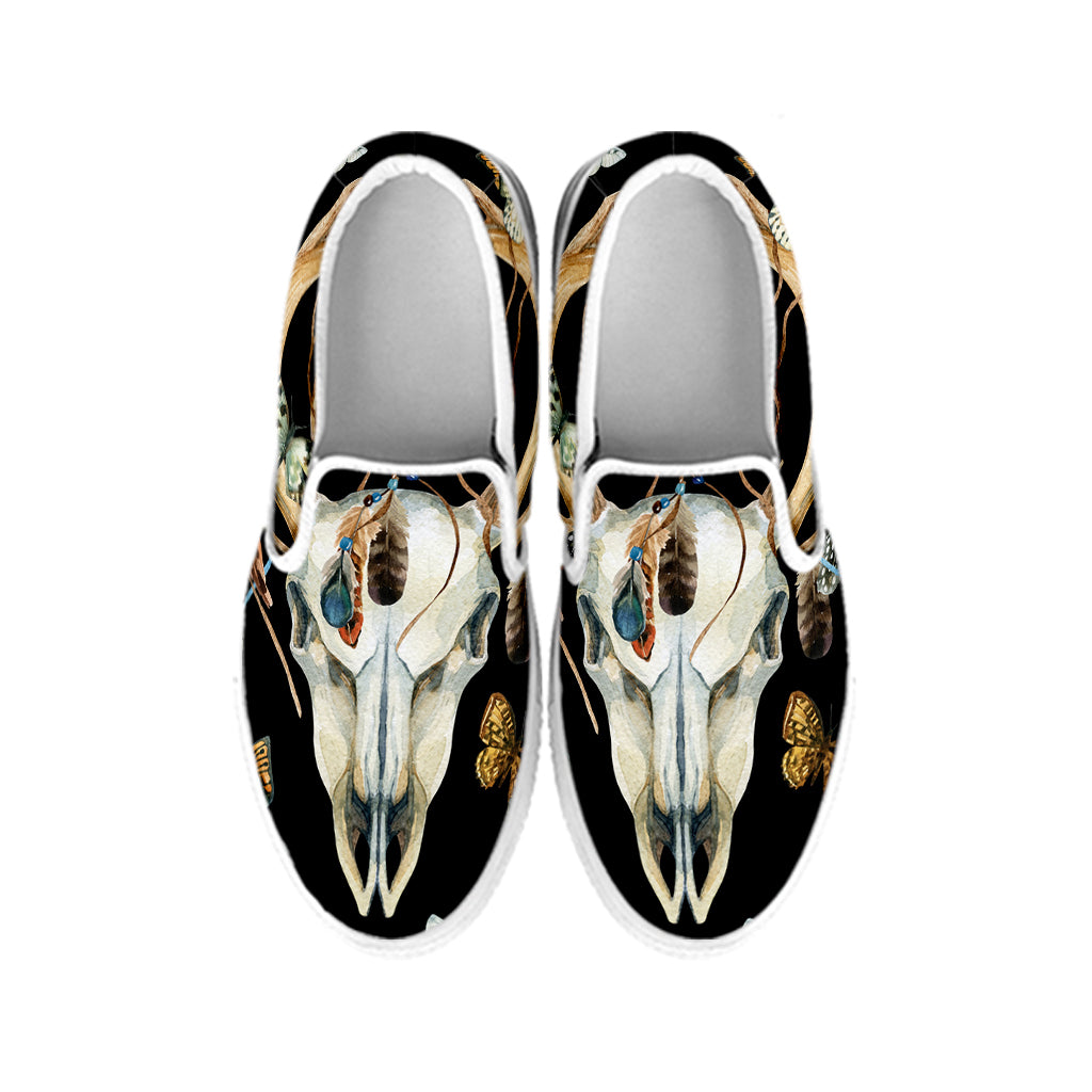 Dreamcatcher Deer Skull Print White Slip On Shoes