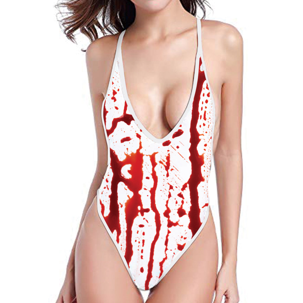 Dripping Blood Print One Piece High Cut Swimsuit