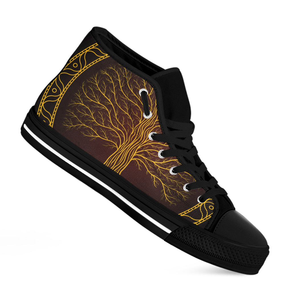 Druidic Yggdrasil Tree Print Black High Top Shoes