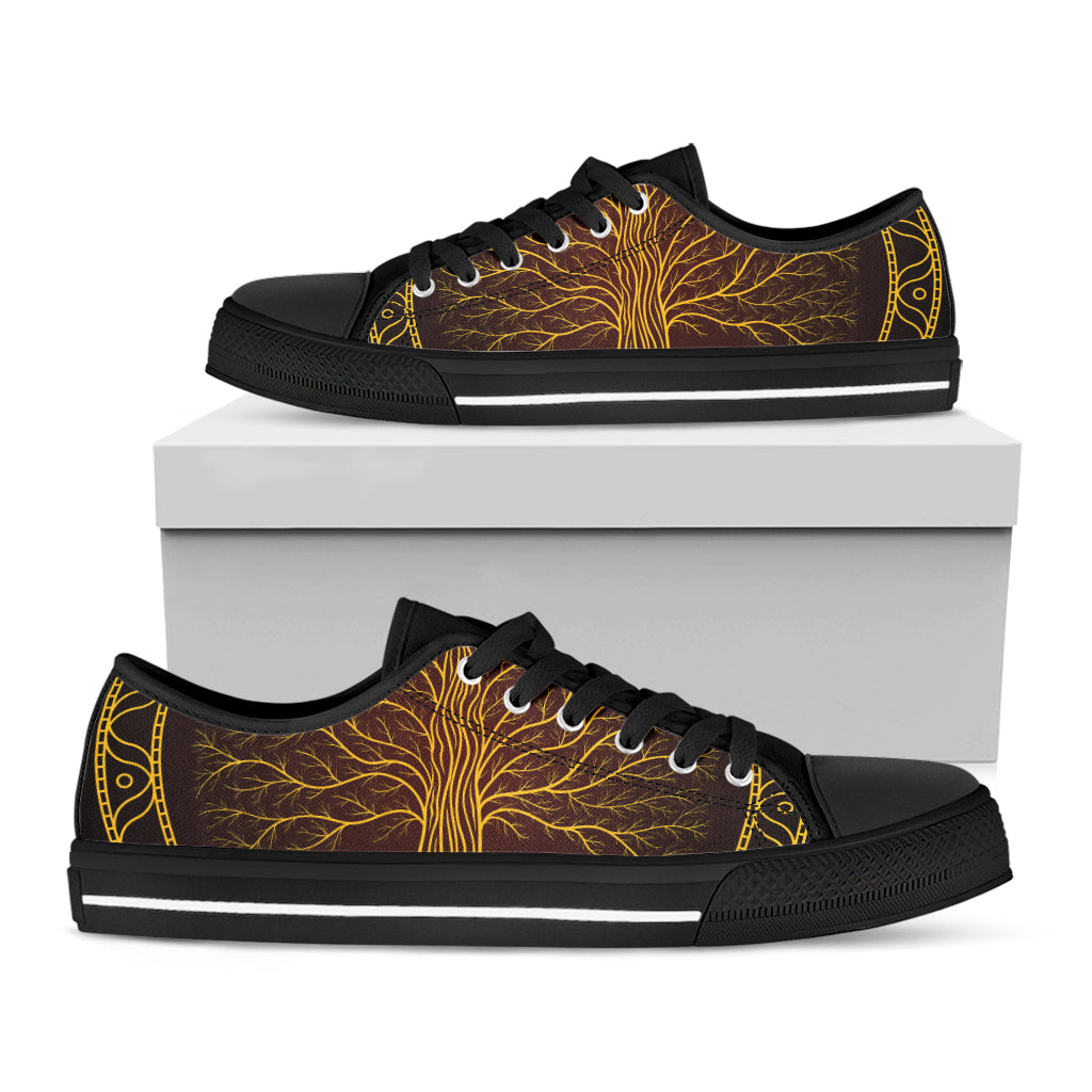 Druidic Yggdrasil Tree Print Black Low Top Shoes 