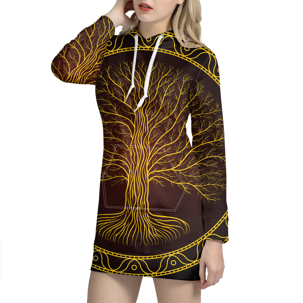 Druidic Yggdrasil Tree Print Pullover Hoodie Dress