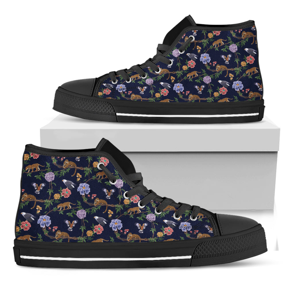 Eagle And Jaguar Pattern Print Black High Top Shoes