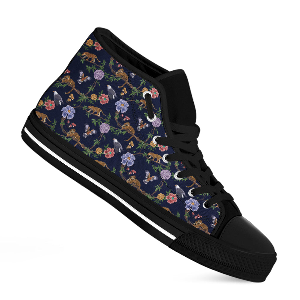 Eagle And Jaguar Pattern Print Black High Top Shoes