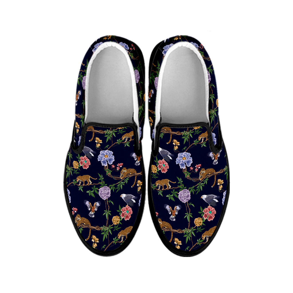Eagle And Jaguar Pattern Print Black Slip On Shoes