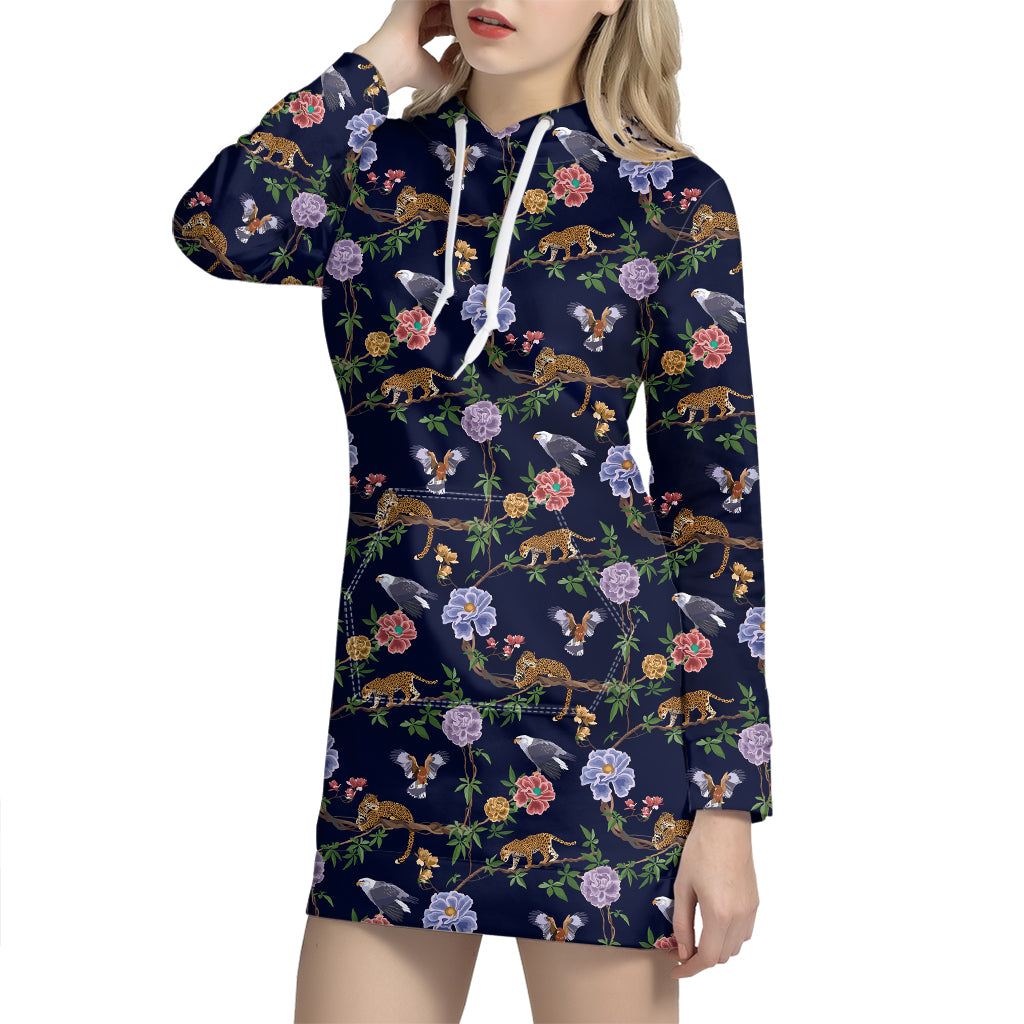 Eagle And Jaguar Pattern Print Hoodie Dress