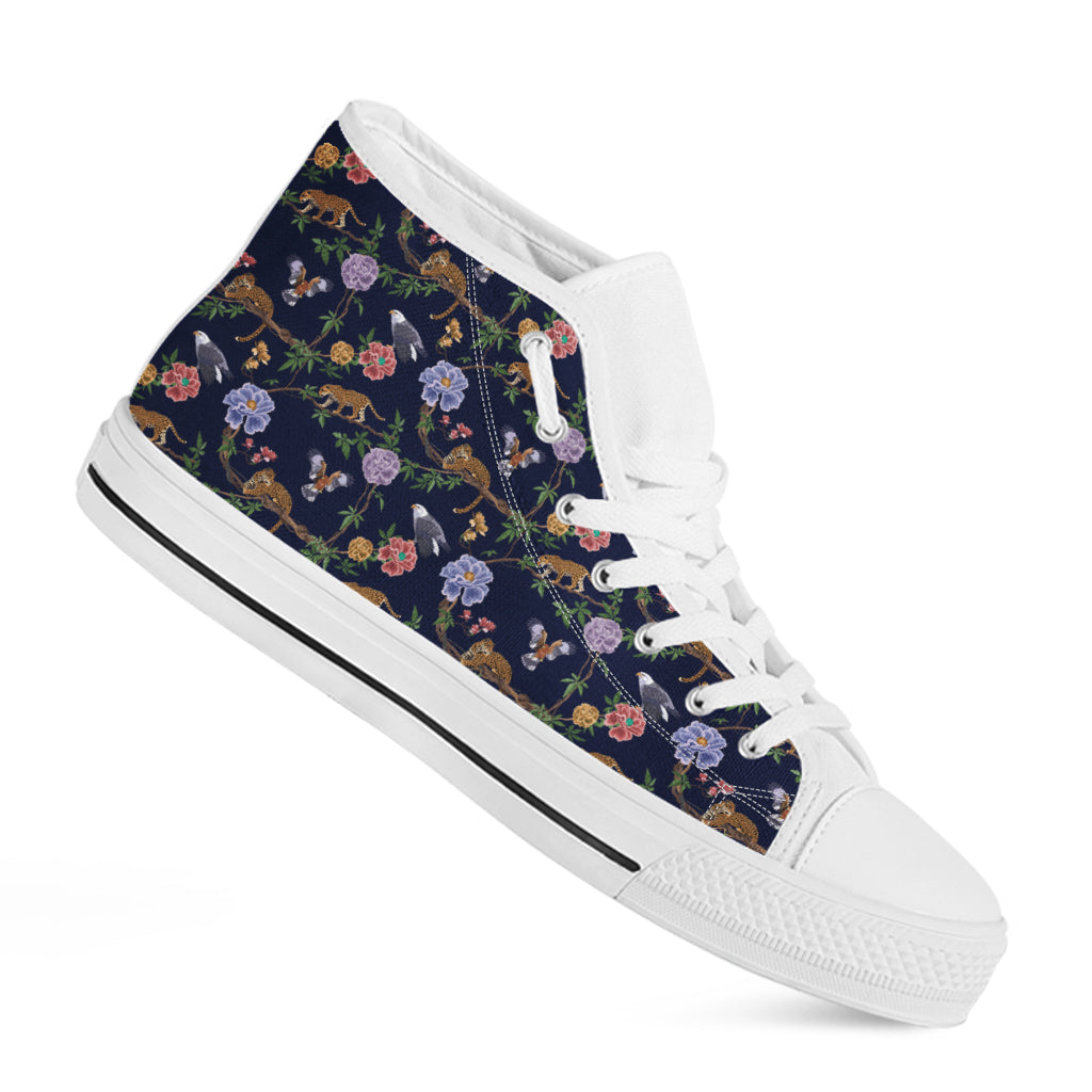 Eagle And Jaguar Pattern Print White High Top Shoes