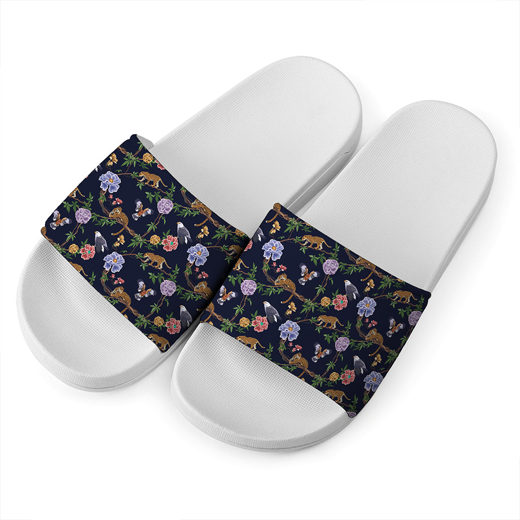 Eagle And Jaguar Pattern Print White Slide Sandals