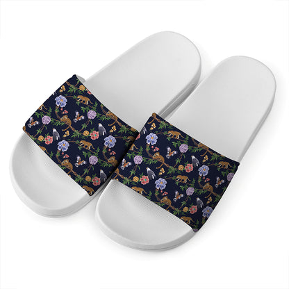 Eagle And Jaguar Pattern Print White Slide Sandals