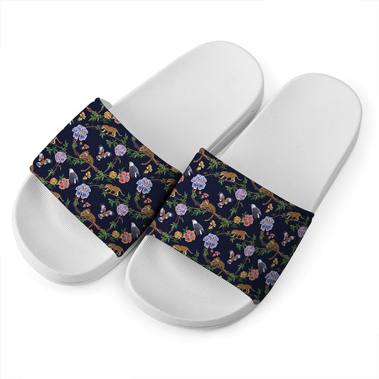 Eagle And Jaguar Pattern Print White Slide Sandals