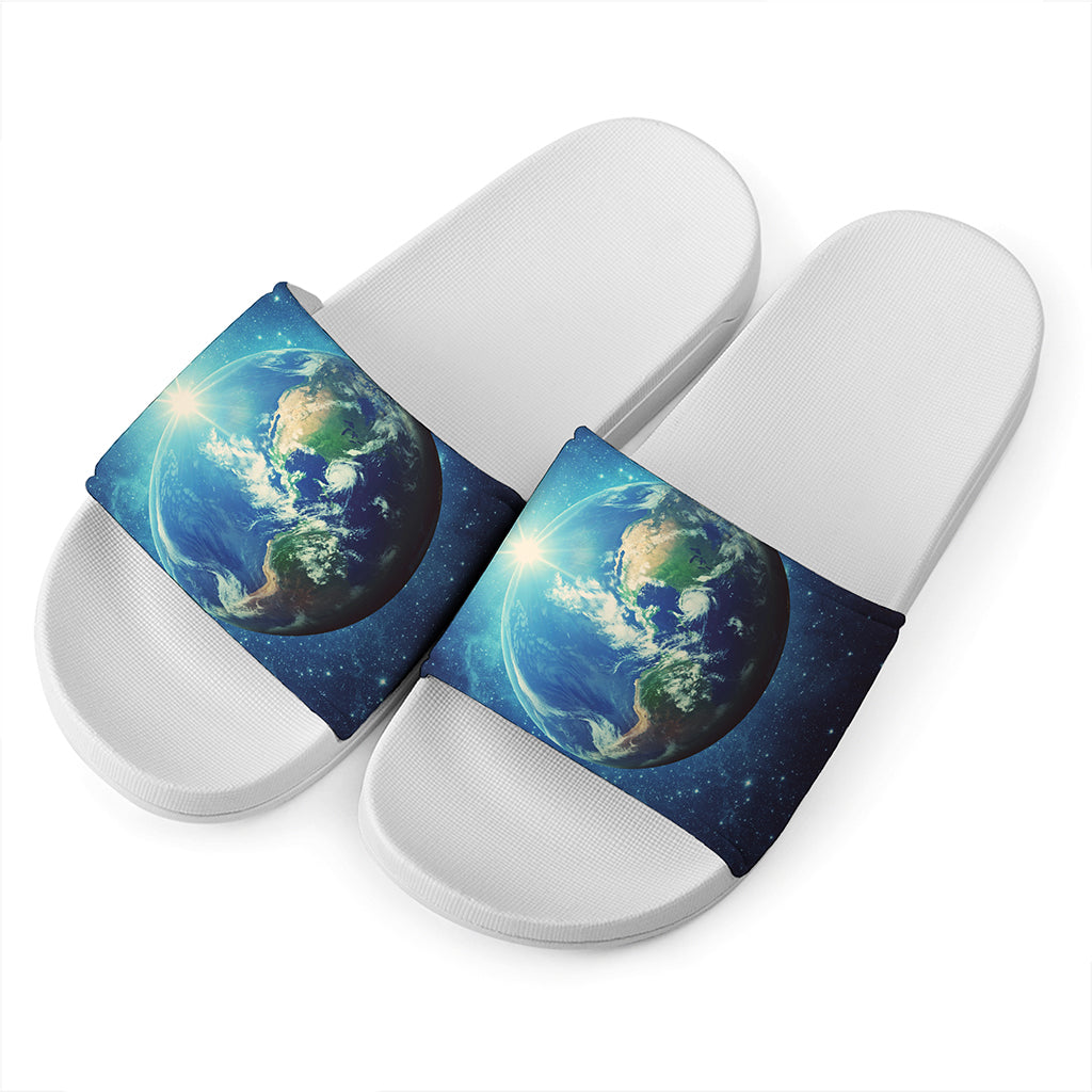 Earth And Space Print White Slide Sandals