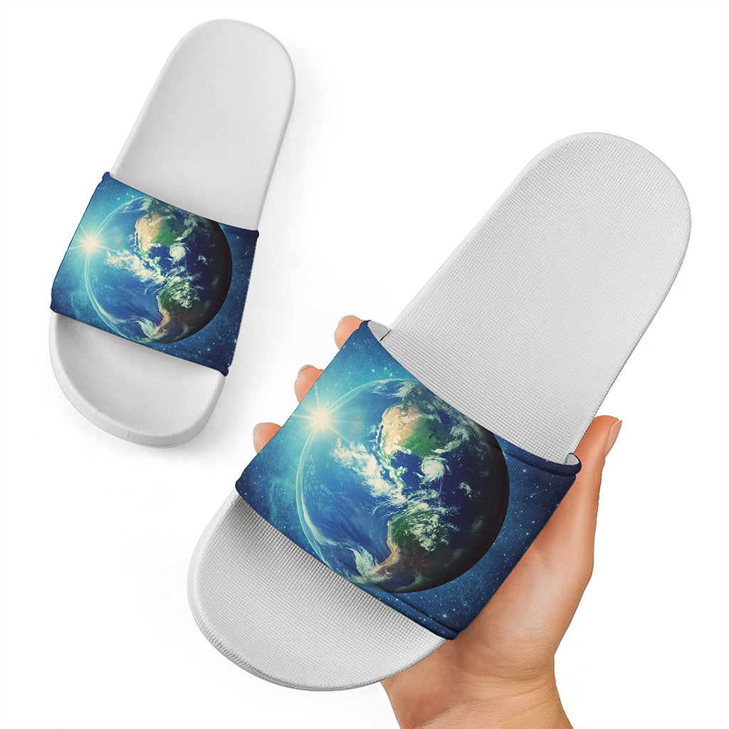Earth And Space Print White Slide Sandals