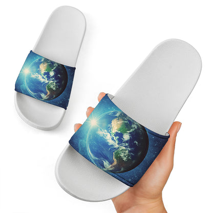 Earth And Space Print White Slide Sandals