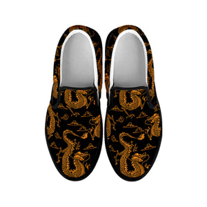 Eastern Dragon Pattern Print Black Slip On Shoes