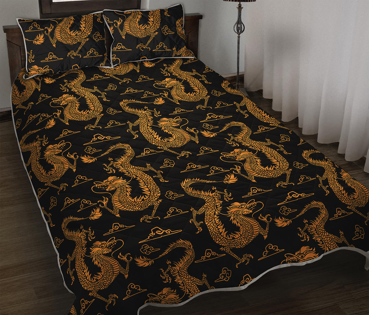 Eastern Dragon Pattern Print Quilt Bed Set