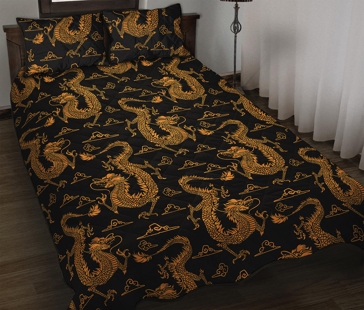 Eastern Dragon Pattern Print Quilt Bed Set