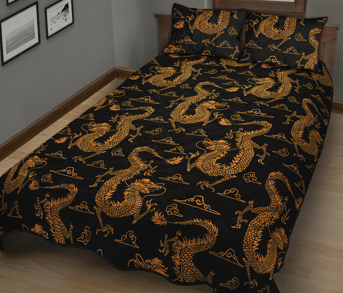 Eastern Dragon Pattern Print Quilt Bed Set