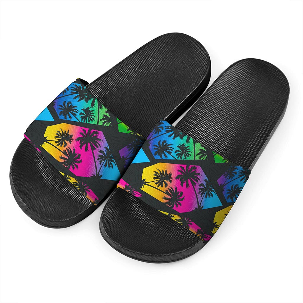 EDM Beach Palm Tree Pattern Print Black Slide Sandals