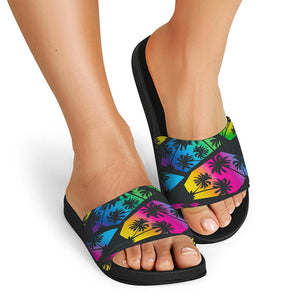 EDM Beach Palm Tree Pattern Print Black Slide Sandals