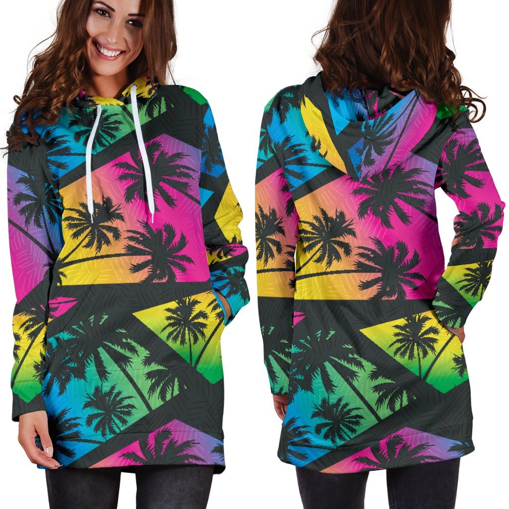 EDM Beach Palm Tree Pattern Print Hoodie Dress GearFrost