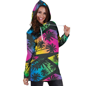 EDM Beach Palm Tree Pattern Print Hoodie Dress GearFrost