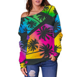 EDM Beach Palm Tree Pattern Print Off Shoulder Sweatshirt GearFrost