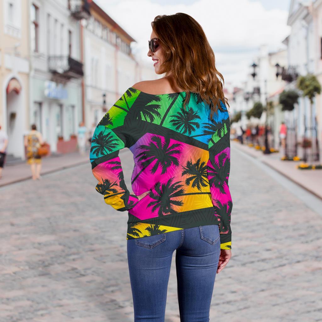 EDM Beach Palm Tree Pattern Print Off Shoulder Sweatshirt GearFrost