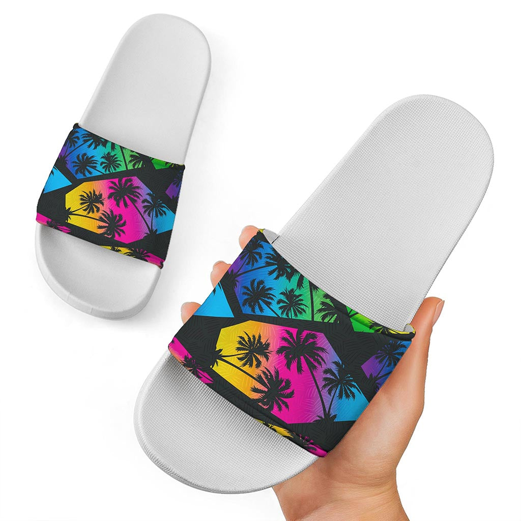 EDM Beach Palm Tree Pattern Print White Slide Sandals