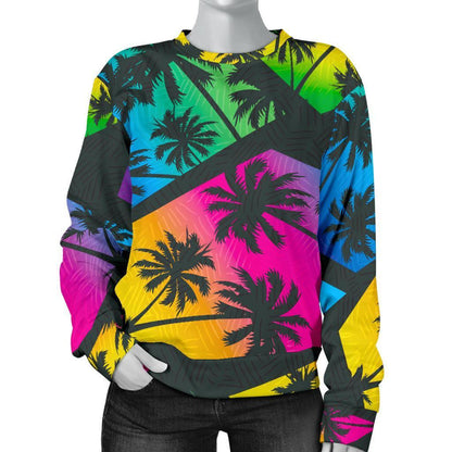 EDM Beach Palm Tree Pattern Print Women's Crewneck Sweatshirt GearFrost
