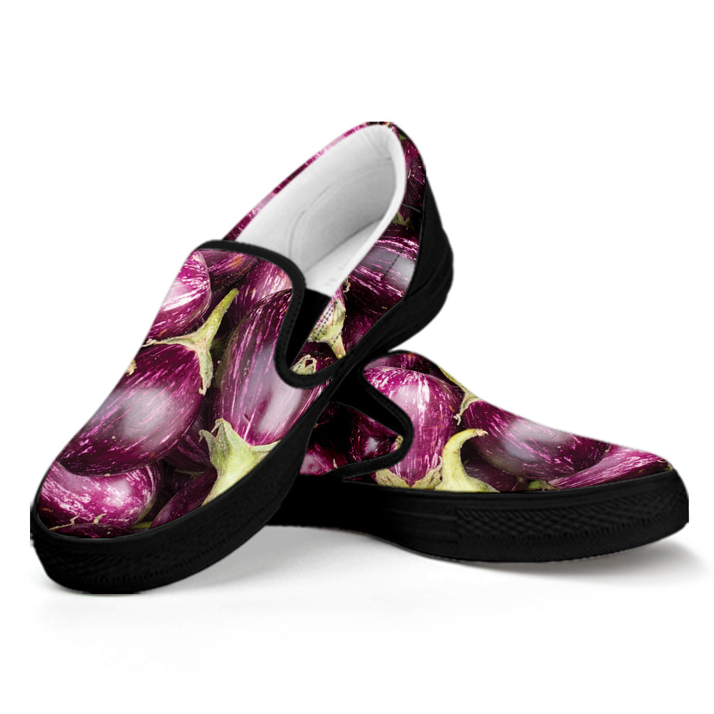 Eggplant Print Black Slip On Shoes