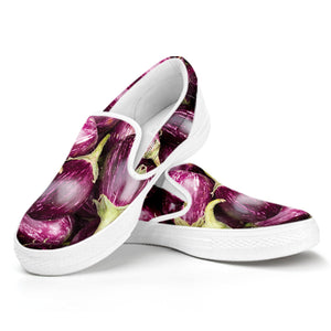 Eggplant Print White Slip On Shoes