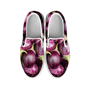 Eggplant Print White Slip On Shoes