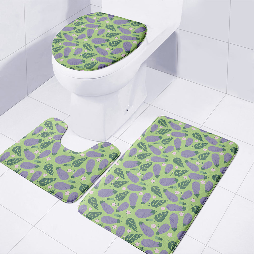 Eggplant With Leaves And Flowers Print 3 Piece Bath Mat Set