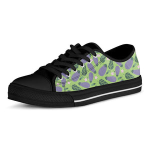 Eggplant With Leaves And Flowers Print Black Low Top Shoes