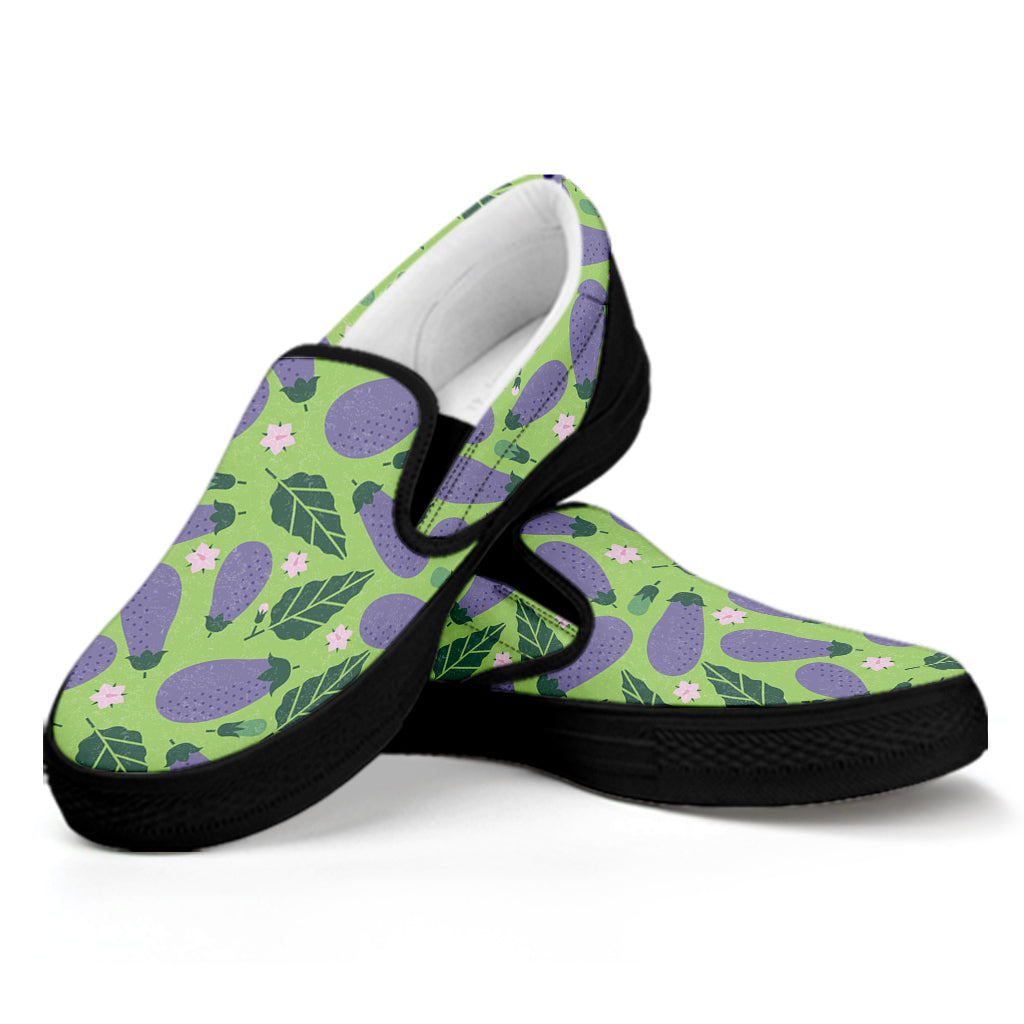 Eggplant With Leaves And Flowers Print Black Slip On Shoes
