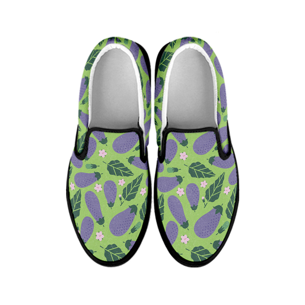 Eggplant With Leaves And Flowers Print Black Slip On Shoes