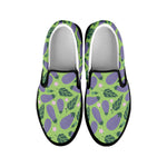 Eggplant With Leaves And Flowers Print Black Slip On Shoes