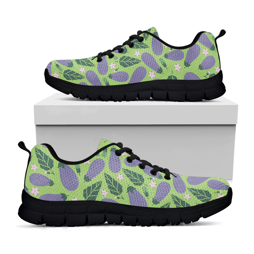 Eggplant With Leaves And Flowers Print Black Sneakers